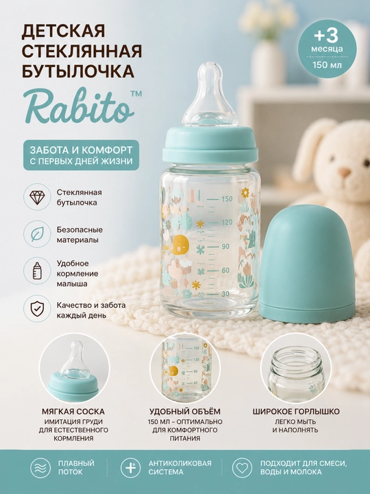 Rabito bolalar uchun shisha butilka 150 ml, silikon so‘rg‘ichli, antikolik, 3+ oy