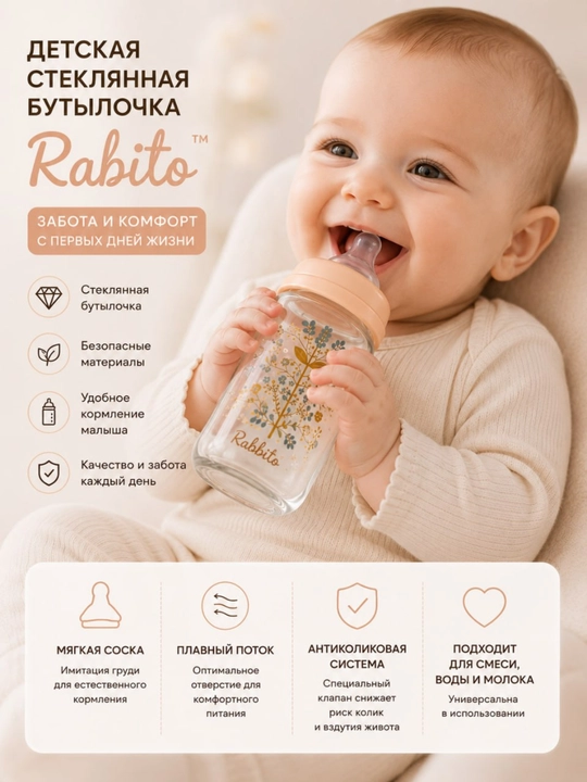 Детская стеклянная бутылочка Rabito 150 мл, стекло, силиконовая соска, антиколик, 3+ мес - 