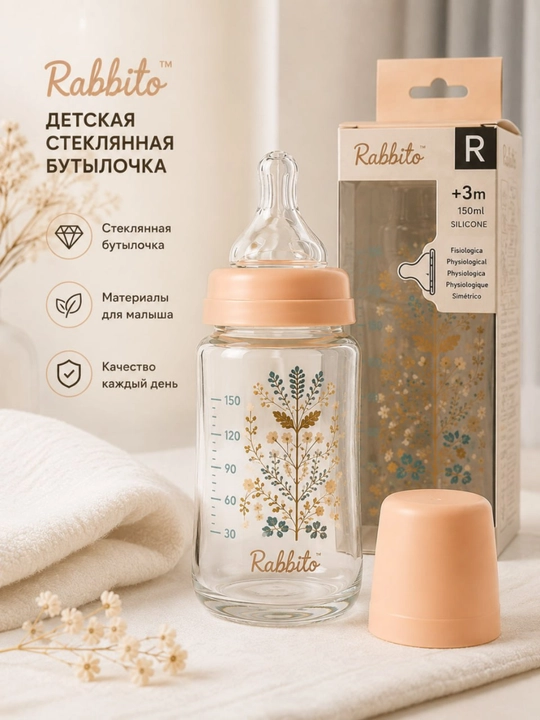 Rabito bolalar uchun shisha butilka 150 ml, silikon so‘rg‘ichli, antikolik, 3+ oy