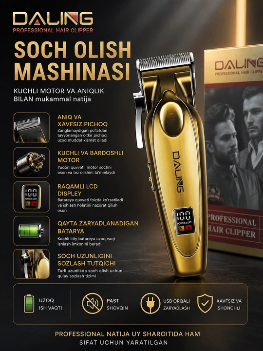DALING Professional Simsiz Soch Olish Mashinasi LCD Displey USB Zaryadlanuvchi - 