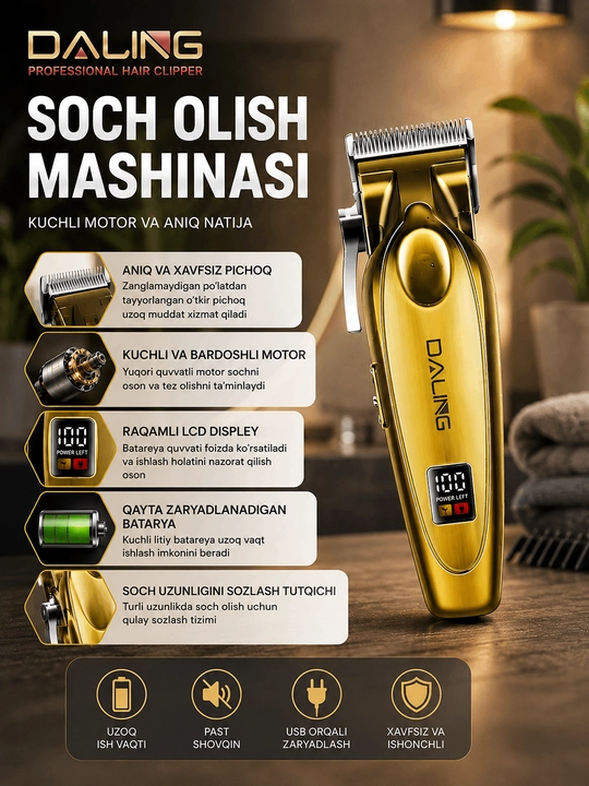 DALING Professional Simsiz Soch Olish Mashinasi LCD Displey USB Zaryadlanuvchi