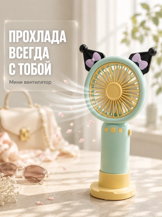 Мини вентилятор USB портативный  3 скорости с удобной подставкой для телефона подарок - 
