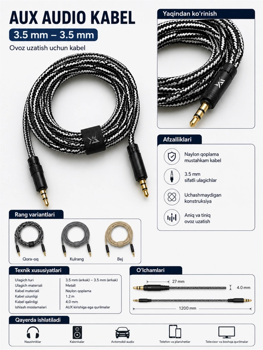 AUX audio kabel 3.5 mm, 1.2 m, matoli o'ram, stereo, telefon va avtomobil uchun - 