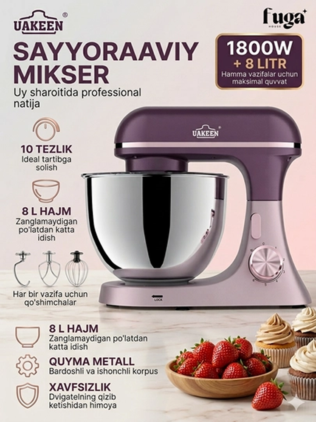 UAKEEN Professional Planetar Mikser, 8 litrli idish, 6 tezlik, 1800 Vt quvvat, binafsha