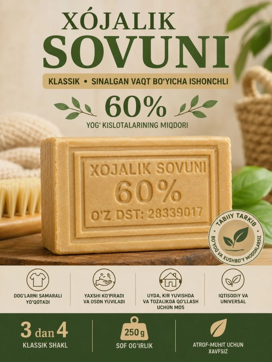 Хозяйственное мыло Baraka 60%, 250 г для стирки, уборки и удаления загрязнений - 