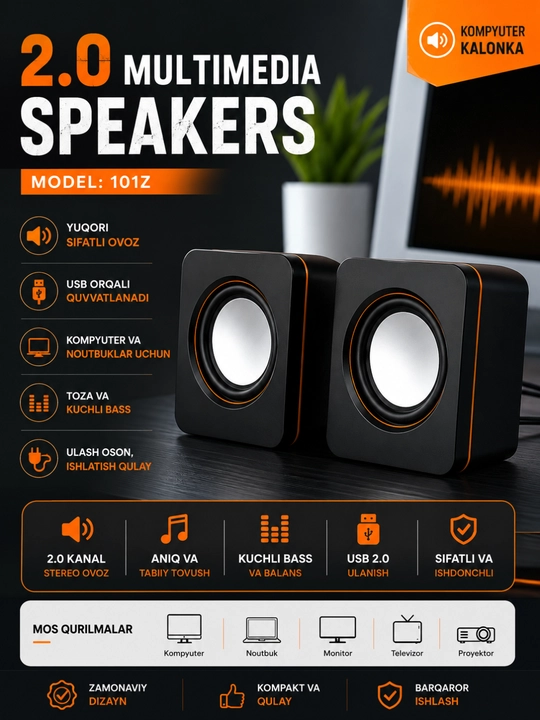 101Z мультимедийные компьютерные колонки 2.0, USB питание, 3.5 мм, черные