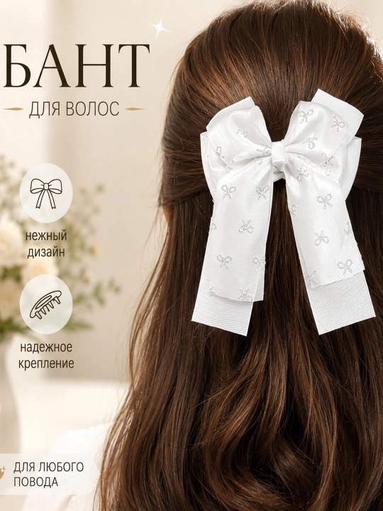 Бант для волос белый, атласный, заколка-бант со стразами, школьный аксессуар для девочек - 