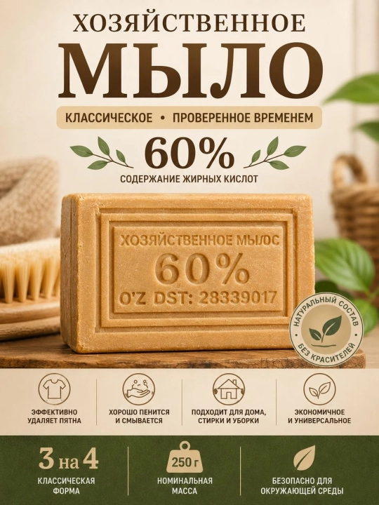 Baraka 60% xo‘jalik sovuni, kir yuvish, tozalash va kirlarni ketkazish uchun ,250 g