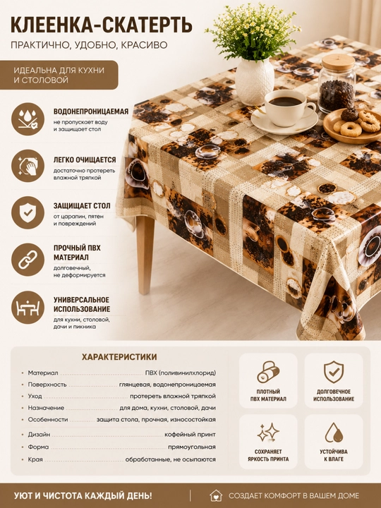 Klyonkali dasturxon, 100x135 sm, suv o‘tkazmaydigan stol yopqichi, oshxona