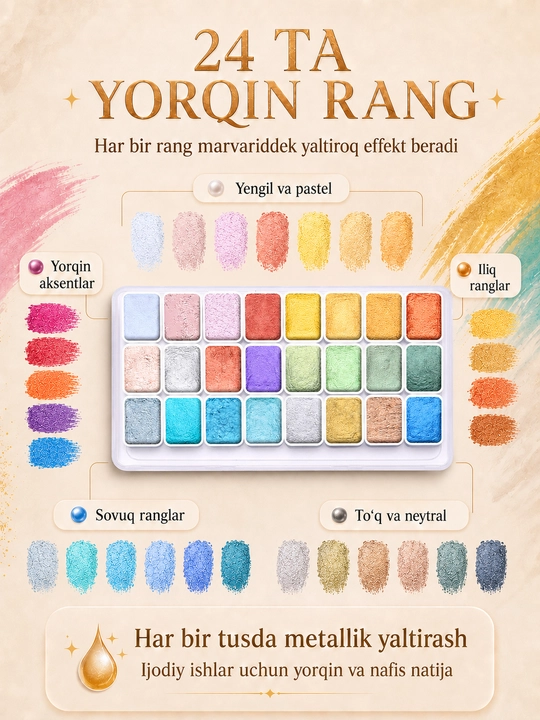 Rasm chizish uchun marvarid bo‘yoqlar, 12, 20, 24 ranglar to‘plami, akvarel