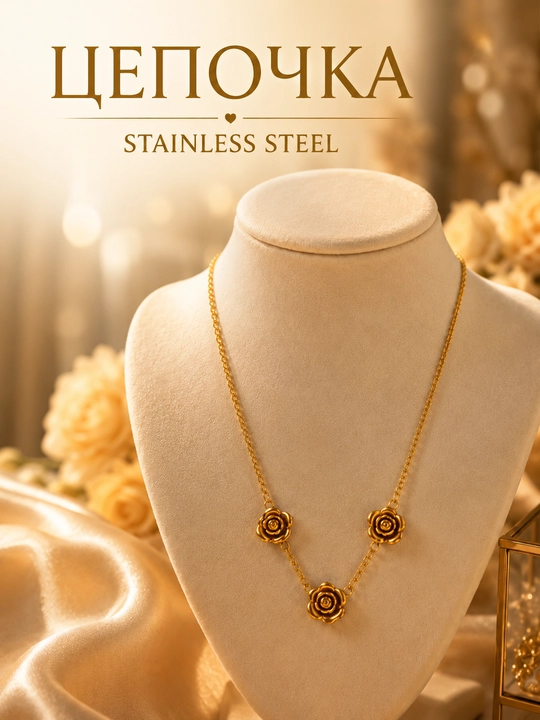 Женская цепочка Stainless Steel с тремя розами, бижутерия, золотистая, цепочка женская