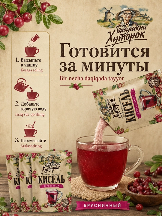 Кисель порошок Бабушкин Хуторок, брусника саше, 30 г