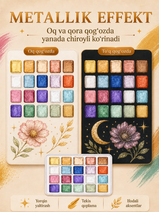 Rasm chizish uchun marvarid bo‘yoqlar, 12, 20, 24 ranglar to‘plami, akvarel