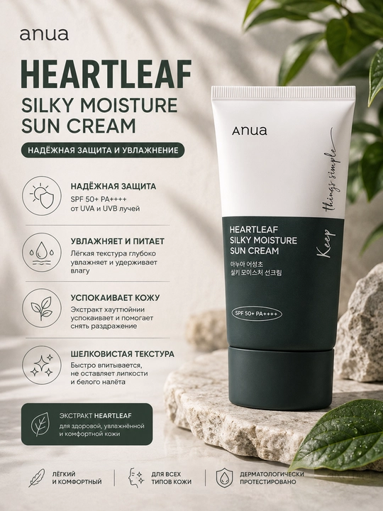 Солнцезащитный крем Anua Heartleaf Silky Moisture Sun Cream SPF50+ PA++++ 50 мл - 