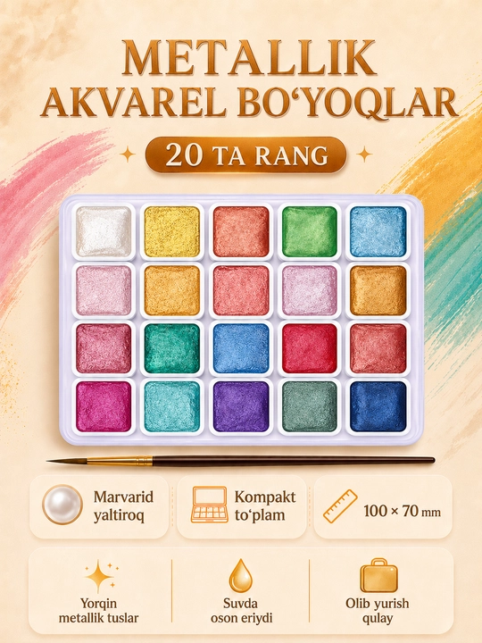 Rasm chizish uchun marvarid bo‘yoqlar, 12, 20, 24 ranglar to‘plami, akvarel - 