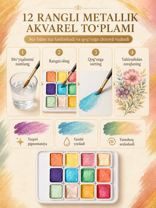 Rasm chizish uchun marvarid bo‘yoqlar, 12, 20, 24 ranglar to‘plami, akvarel