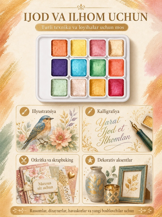 Rasm chizish uchun marvarid bo‘yoqlar, 12, 20, 24 ranglar to‘plami, akvarel