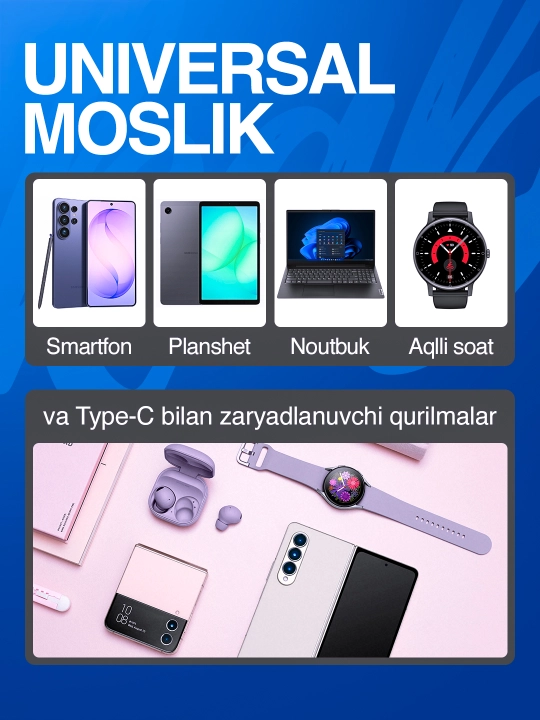 KLGO tez quvvatlash moslamasi Zaryadchik [USB / Type-C], kabel bilan
