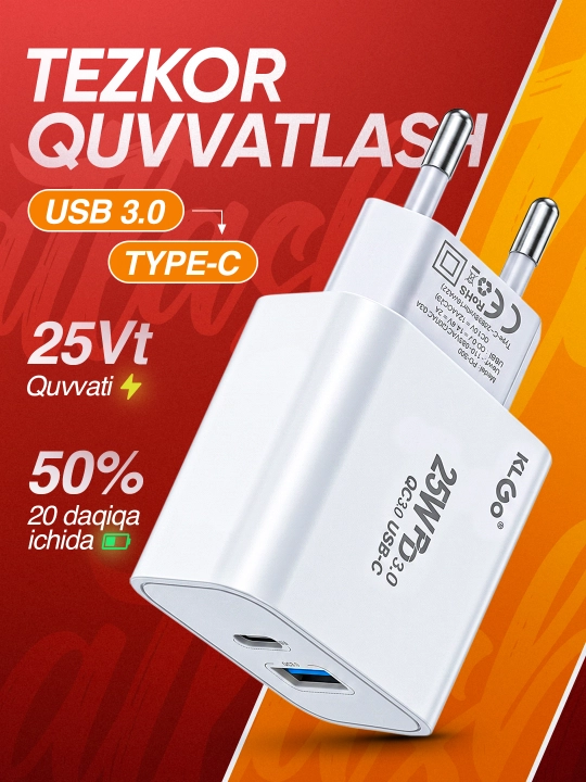KLGO tez quvvatlash moslamasi Zaryadchik [USB / Type-C], kabel bilan - 
