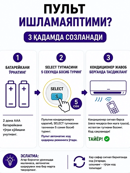Пульт для всех кондиционеров QUNDA KT-E08 — быстрая настройка, 6000 кодов