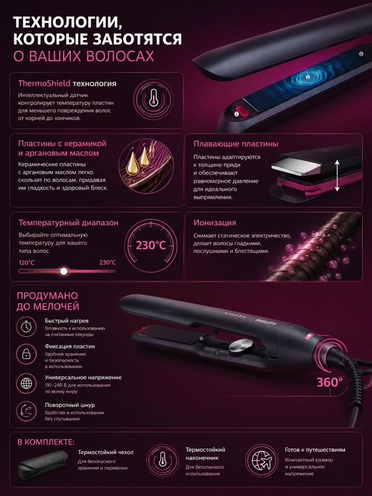 Philips BHS510/00 soch dazmoli: argan moyi, ionizatsiya, keratin, qizib ketishdan himoya