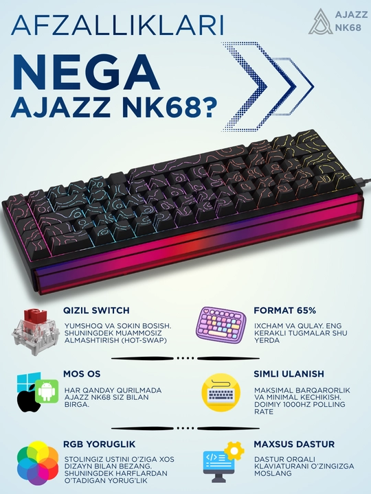 AJAZZ NK68 Simli Mexanik O'yin Klaviatura, Geyming va ofis uchun, RGB Yoritgichli