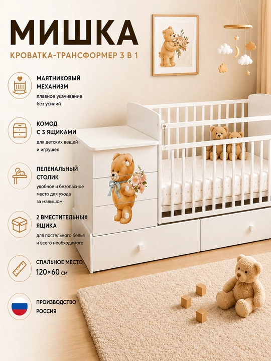 "Mishka" 3 tasi 1 da transformatsiyalanuvchi krovat - 