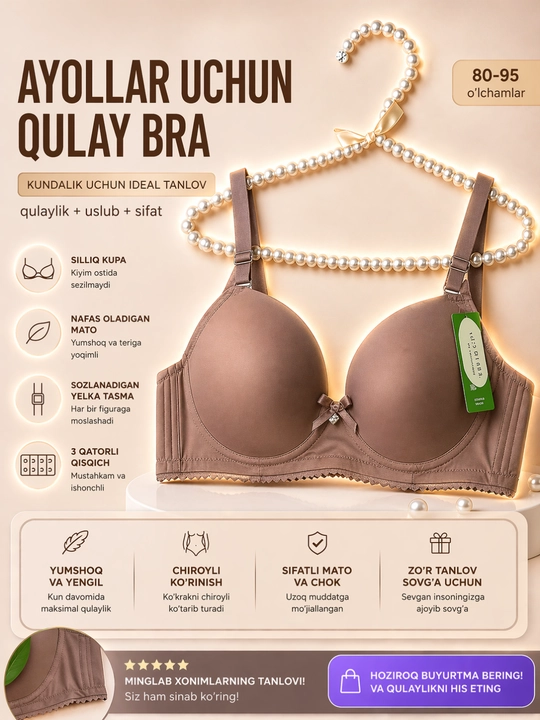 Ayollar bustgalteri, push-up, qulay lifchik, yechiladigan tasma, 75C–90C
