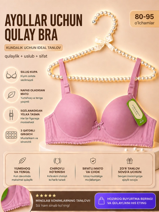 Ayollar bustgalteri, push-up, qulay lifchik, yechiladigan tasma, 75C–90C