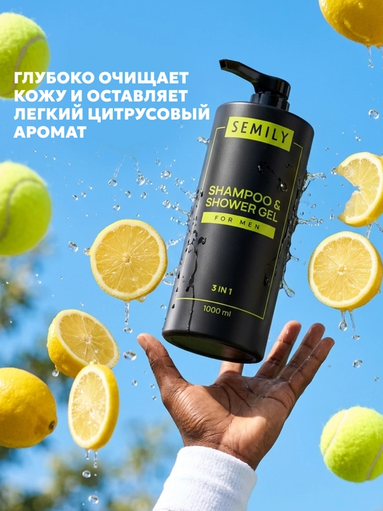 Shampun erkaklar uchun, dush geli Semily, 3 tasi 1 da dush uchun gel, 1 litr