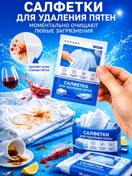 Влажные салфетки для удаления пятен 20 шт – салфетки для одежды - 