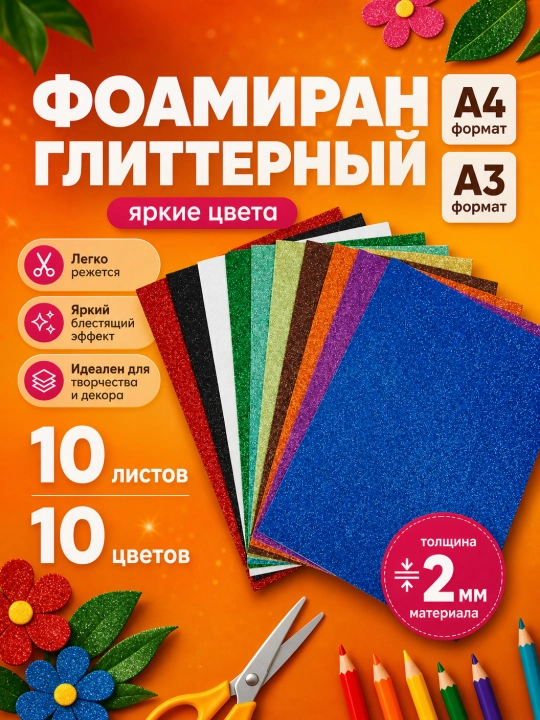 Yaltiroq rangli qog'oz, Purpurina eva, A3 va A4, 10 dona - 