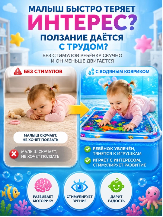 Аква-коврик детский, развивающий, водный коврик, надувной игровой коврик для детей