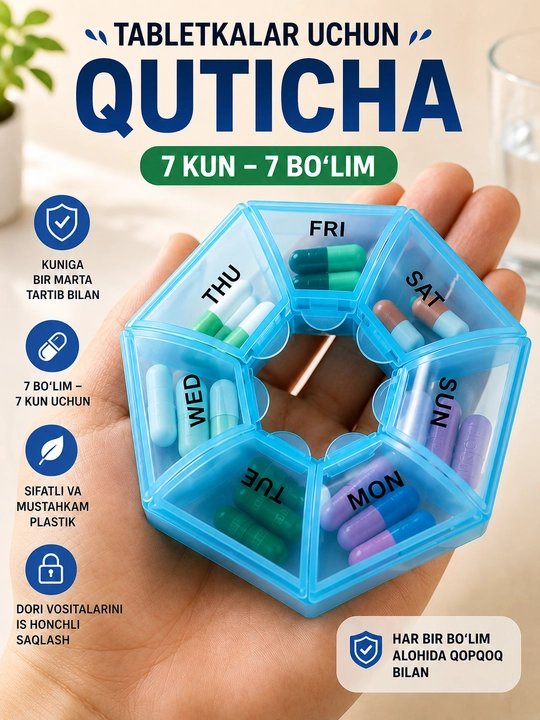 Tabletka qutisi, tabletkalar uchun organayzer, dorilar uchun idish, vitaminlar uchun quti - 
