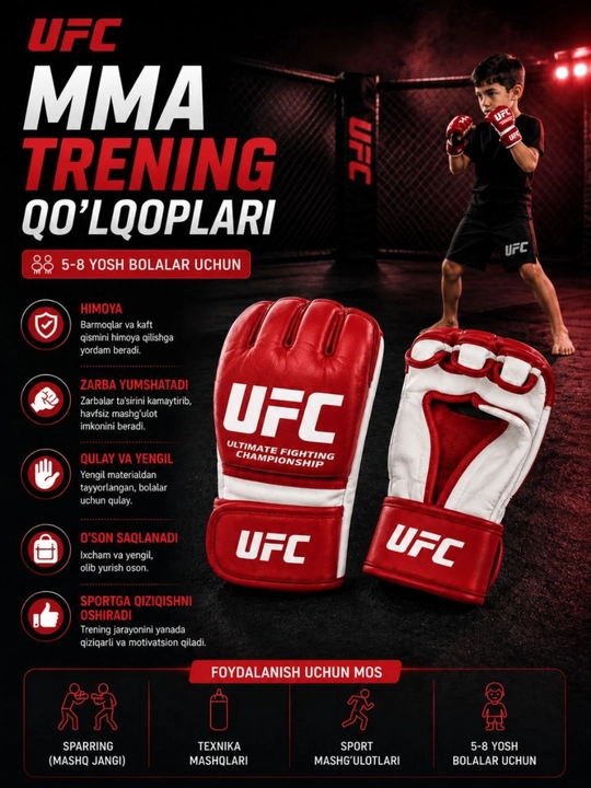 10 yoshdan katta bolalar uchun barmoqsiz sport qo‘lqoplari (MMA/UFC uslubida) - 