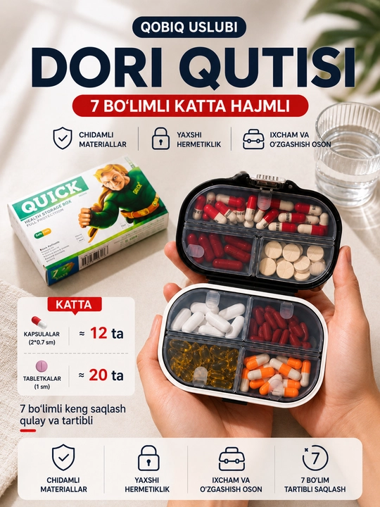 Tabletka qutisi, tabletkalar uchun organayzer, dorilar uchun idish, vitaminlar uchun quti