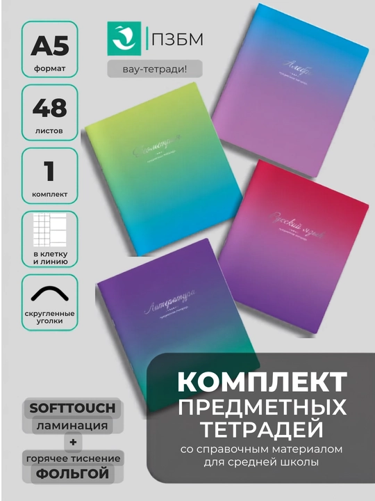 Комплект предметных тетрадей A5, 48 л, в клетку и линию,10-12 шт, со справочной информацией - 