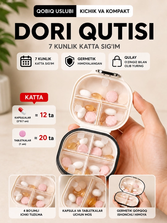 Tabletka qutisi, tabletkalar uchun organayzer, dorilar uchun idish, vitaminlar uchun quti