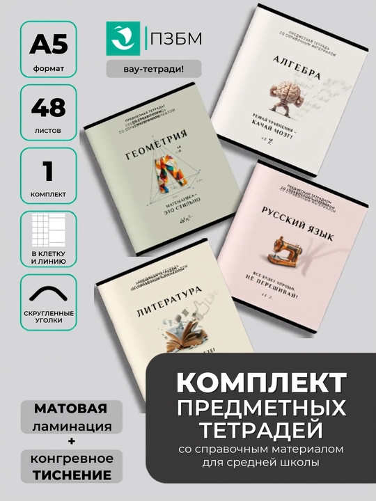 Комплект предметных тетрадей A5, 48 л, в клетку и линию,10-12 шт, со справочной информацией - 