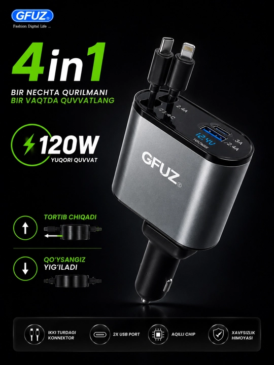 Avtomobil tutatgichiga tezkor USB zaryadlagich 120W 4in1 Type-C Lightning LED ekran