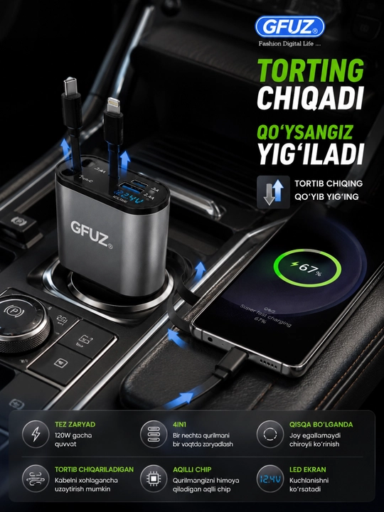 Avtomobil tutatgichiga tezkor USB zaryadlagich 120W 4in1 Type-C Lightning LED ekran
