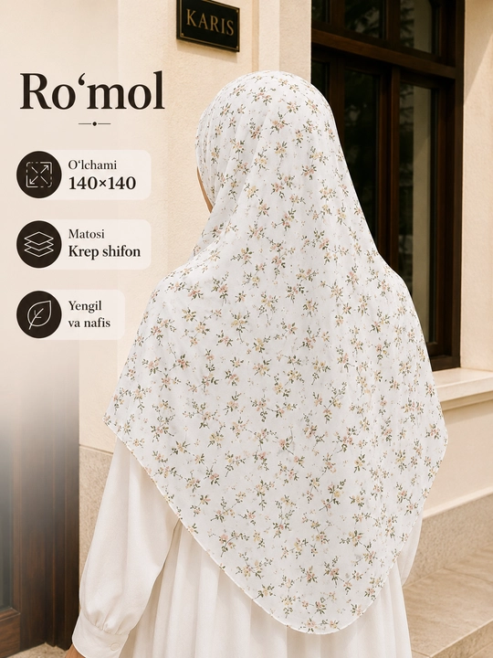 Ayollar ro‘mollari, krep-shifon, manzara ro'mol matosi harir, hijob, 120×120, 140×140 sm, Misr - 