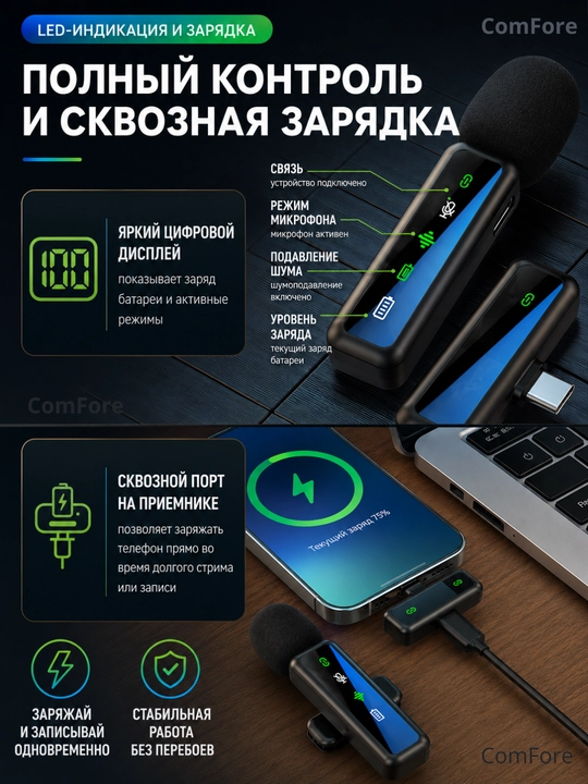 Микрофон, беспроводной, петличка, микрофон для телефона, Android, iPhone, микрофон для пк