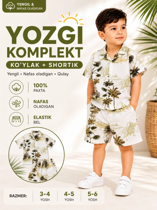 Двойка. Летний комплект для мальчика, рубашка + шорты, 3-6 лет, лёгкий и удобный - 