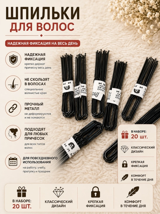 Шпильки для волос Hairpin, металлические, черные, 30 шт