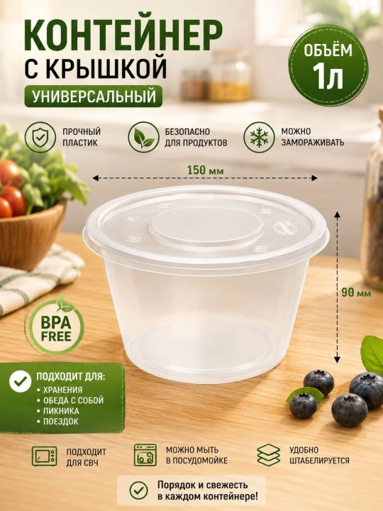 Oziq-ovqat saqlash konteyneri, qopqoqli, shaffof, mustahkam plastik, 1000 ml - 