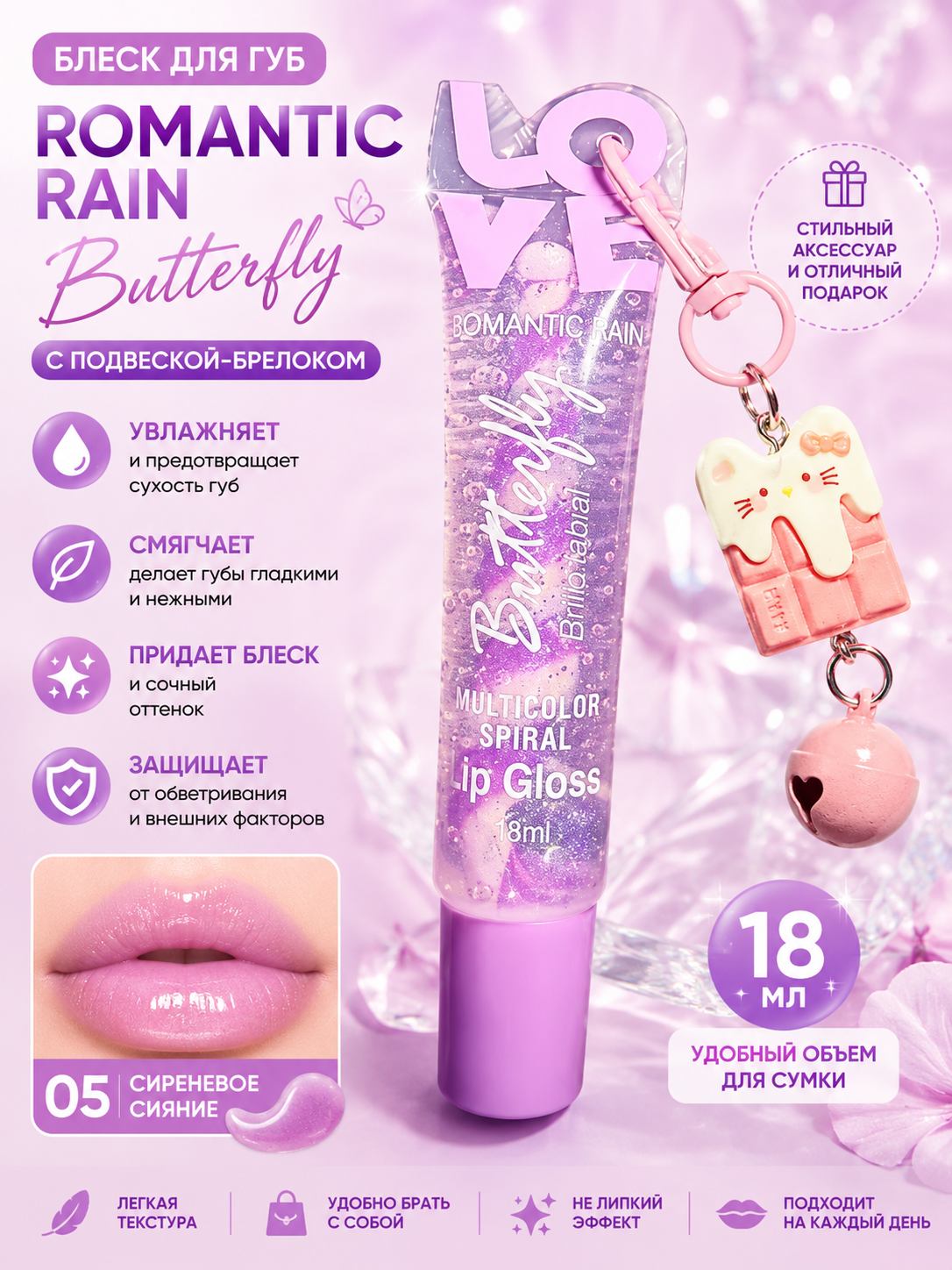 Блеск для губ с подвеской-брелоком lip gloss Romantic Rain Butterfly - 