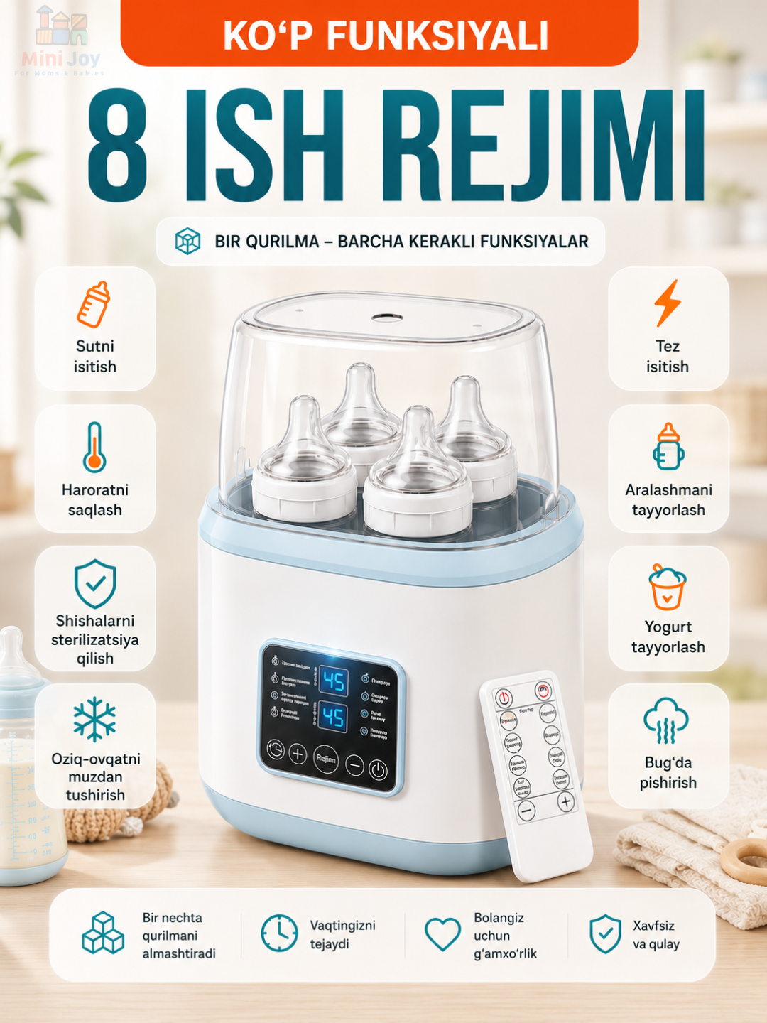 Isitkich va sterilizator chaqaloq idishlari uchun, 8 tasi 1 da, masofadan boshqaruv bilan