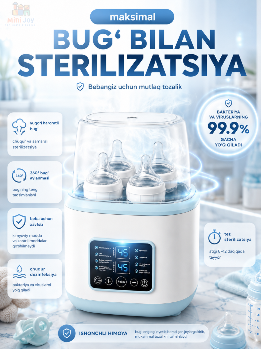 Isitkich va sterilizator chaqaloq idishlari uchun, 8 tasi 1 da, masofadan boshqaruv bilan