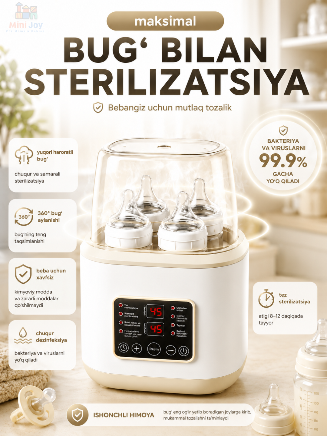 Isitkich va sterilizator chaqaloq idishlari uchun, 8 tasi 1 da, masofadan boshqaruv bilan